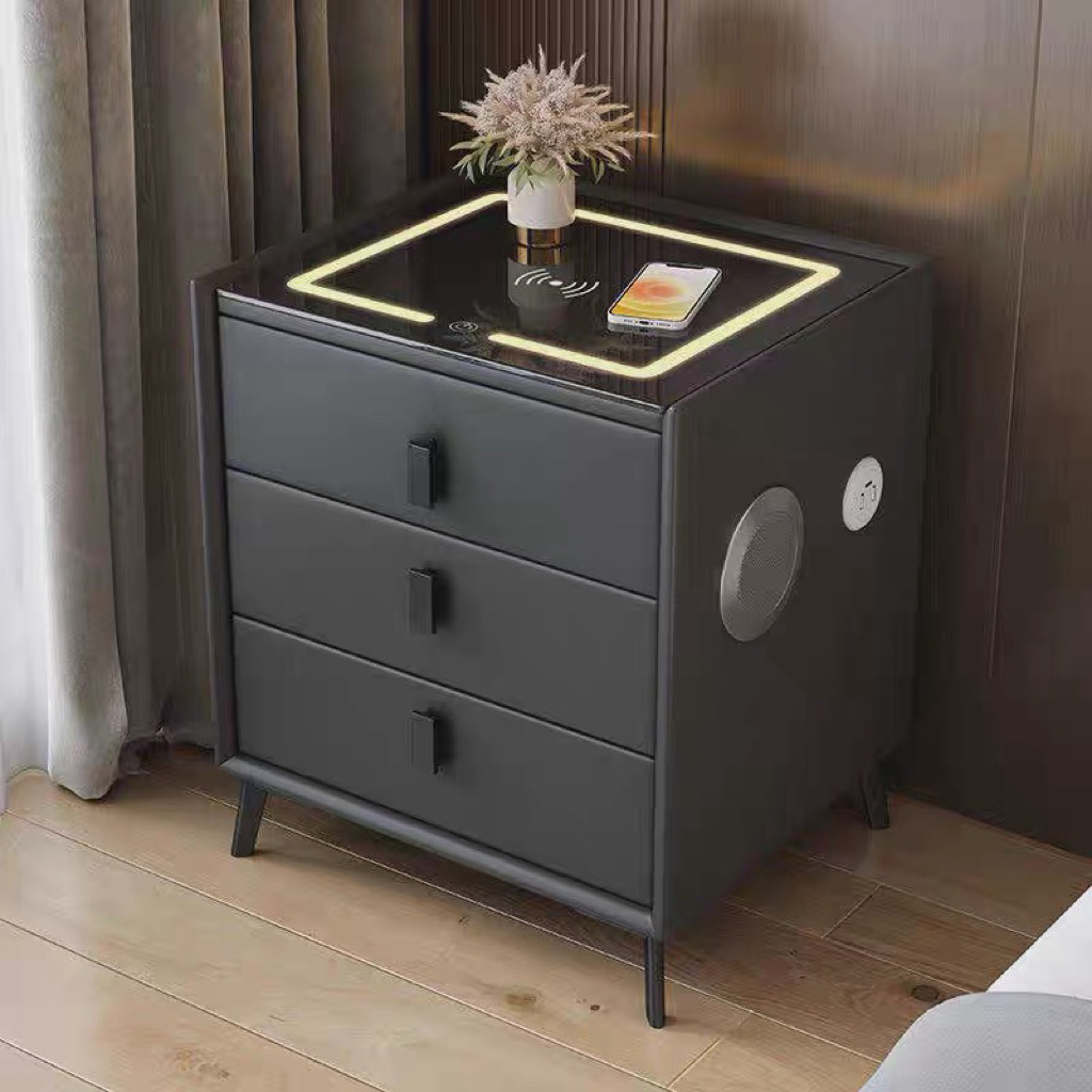 Smart nightstand Bedroom furniture Wireless charging and usb charging locker drawer chest Bluetooth speaker touch tri-color light nightstand