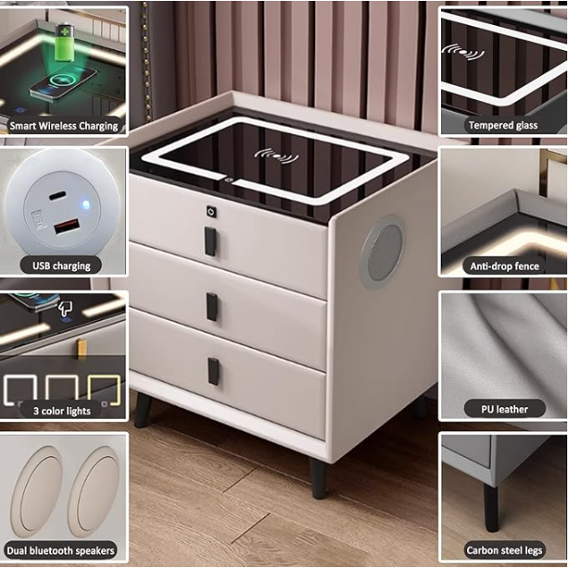 Smart nightstand Bedroom furniture Wireless charging and usb charging locker drawer chest Bluetooth speaker touch tri-color light nightstand