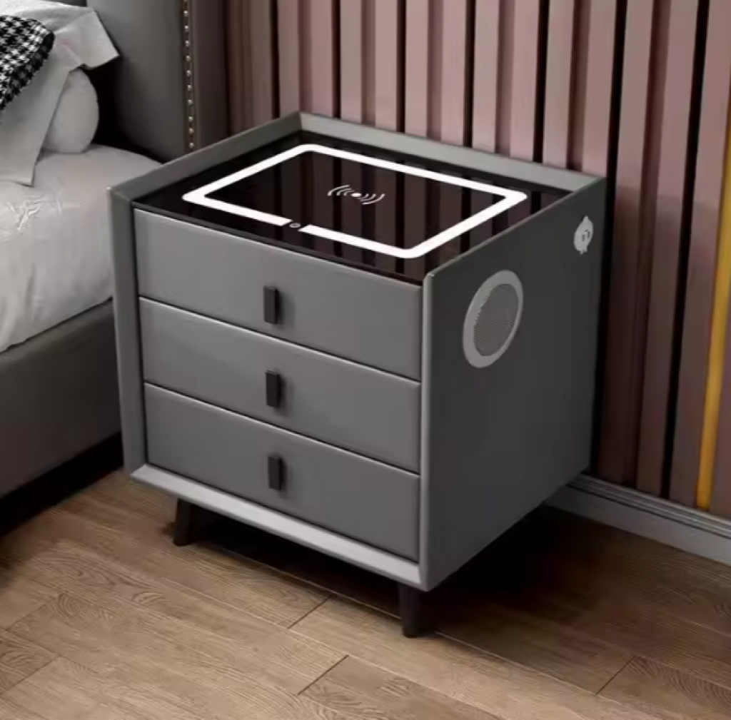 Smart nightstand Bedroom furniture Wireless charging and usb charging locker drawer chest Bluetooth speaker touch tri-color light nightstand